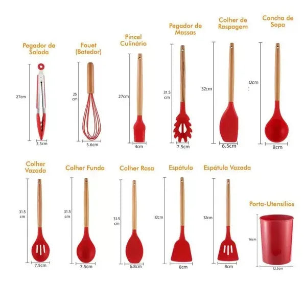 Kit Jogo 12 Peças Utensílios de Cozinha Silicone (Colher, Espátula, antiaderente com suporte)