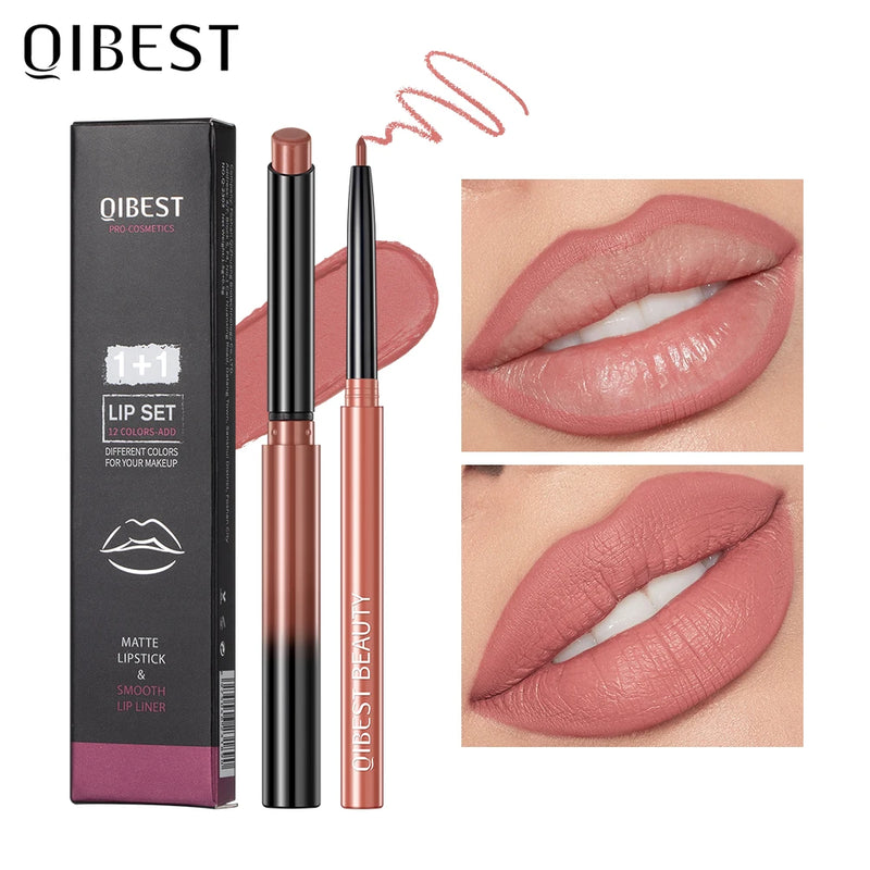 QIBEST-Conjunto de lápis mate, impermeável, duradouro, caneta batom, maquiagem contorno, 2 peças