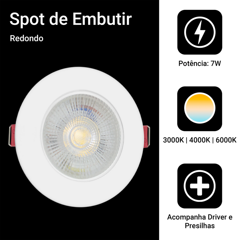 Kit 5 Spot Led Dicroica Smd 7w Redondo Embutir Direcionável Cor De Luz Branco Frio / Neutro / Quente